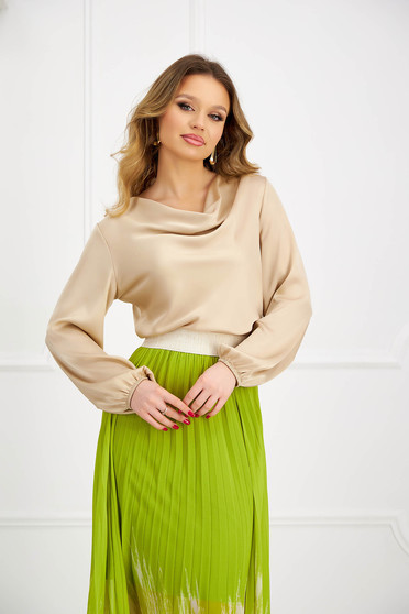Office Blouses, Beige women`s blouse from satin loose fit cowl neck - StarShinerS.com