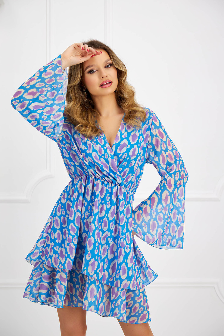 Rochie cu imprimeu abstract din voal in clos cu elastic in talie si decolteu petrecut - SunShine