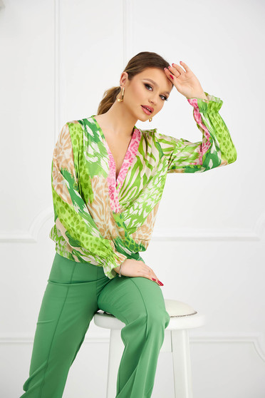 Women`s blouse from satin loose fit with puffed sleeves