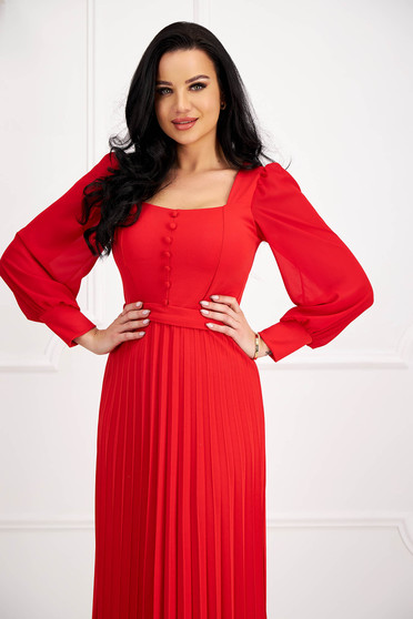 Day dresses, Red dress pleated crepe cloche with puffed sleeves with veil sleeves - StarShinerS.com