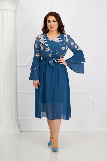 Midi dresses, Petrol blue dress from veil fabric cloche with elastic waist with ruffled sleeves - StarShinerS.com