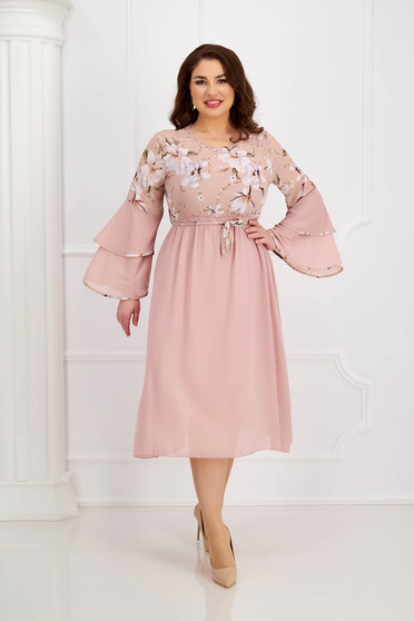 Plus Size Dresses, Powder pink dress from veil fabric cloche with elastic waist with ruffled sleeves - StarShinerS.com