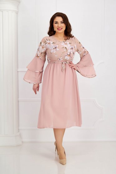 Plus Size Dresses, Powder pink dress from veil fabric cloche with elastic waist with ruffled sleeves - StarShinerS.com