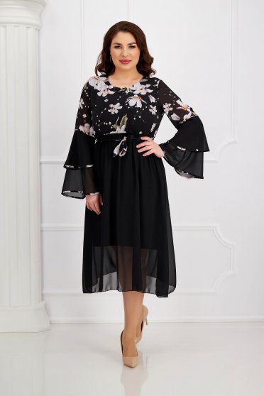 Midi dresses, Black dress from veil fabric cloche with elastic waist with ruffled sleeves - StarShinerS.com