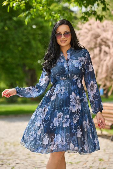 Floral print dresses, Dress pleated from veil fabric cloche with elastic waist with puffed sleeves - StarShinerS.com