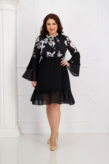 Online Dresses, Black dress from veil fabric cloche with elastic waist with ruffled sleeves - StarShinerS.com