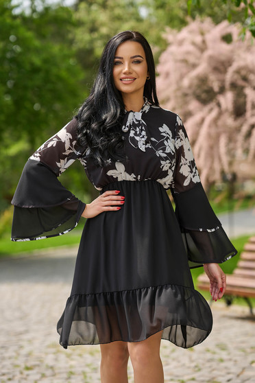 Flowy dresses, Black dress from veil fabric cloche with elastic waist with ruffled sleeves - StarShinerS.com