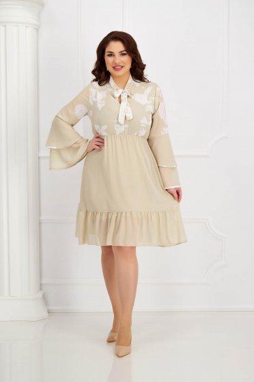 Plus Size Dresses, Cream dress from veil fabric cloche with elastic waist with ruffled sleeves - StarShinerS.com