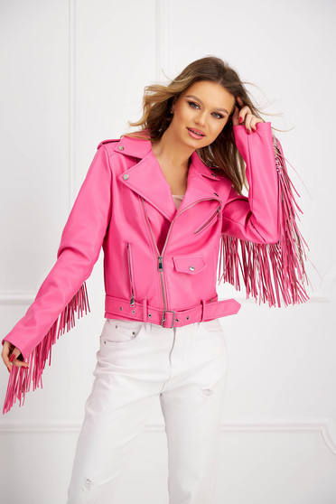 Reduceri geci, Geaca din piele ecologica roz cu un croi drept accesorizata cu franjuri textili - SunShine - StarShinerS.ro