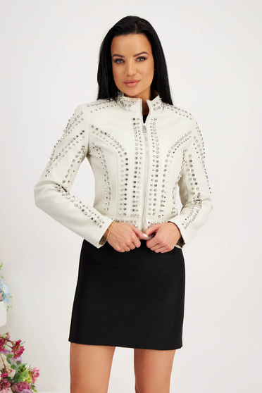 Jackets, Ivory jacket from ecological leather straight with metallic spikes - StarShinerS.com