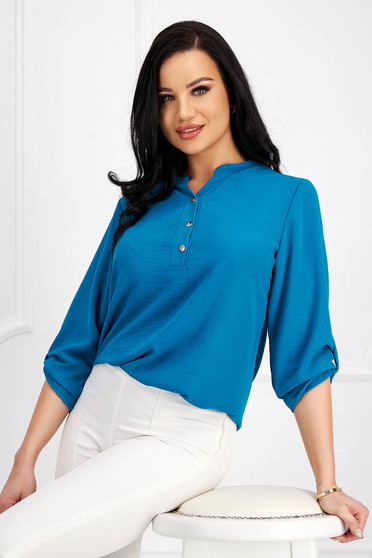 Blouses, Turquoise women`s blouse loose fit a front pocket georgette - StarShinerS.com