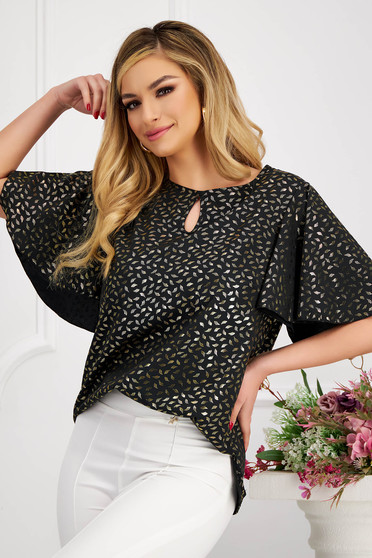 Black women`s blouse thin fabric loose fit with bell sleeve - StarShinerS