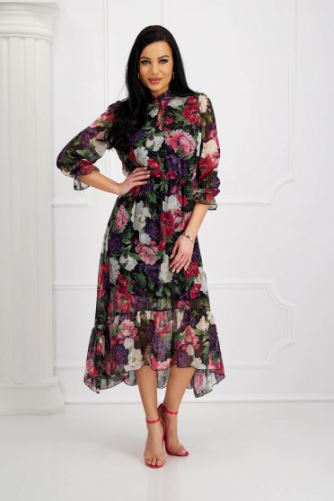 Floral print dresses, Dress from veil fabric cloche with elastic waist asymmetrical - StarShinerS - StarShinerS.com