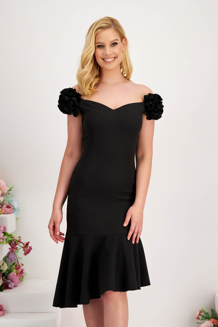 Rochie din stofa din stofa elastica neagra tip creion cu umeri goi si volanase - StarShinerS