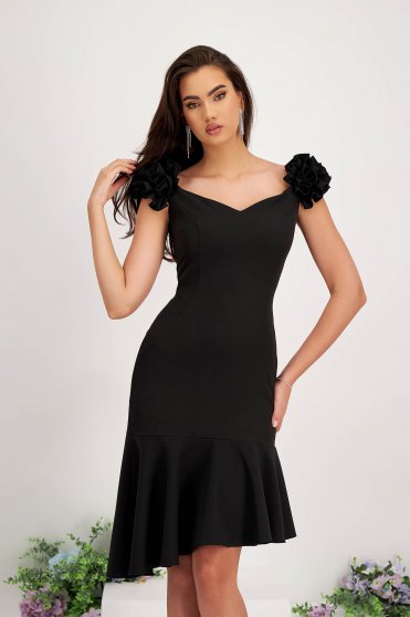 Black elastic fabric pencil dress with bare shoulders and ruffles - StarShinerS