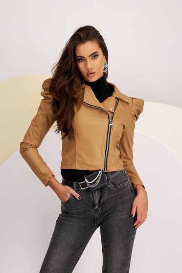 Jackets, Beige Fitted Faux Leather Jacket with Puffed Shoulders - SunShine - StarShinerS.com