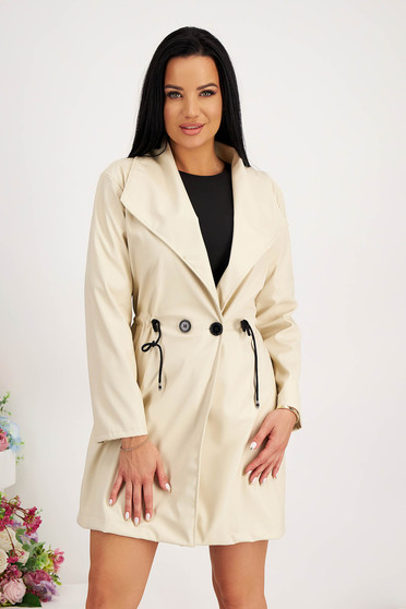Overcoats, Cream trenchcoat from ecological leather loose fit with laced details - StarShinerS.com