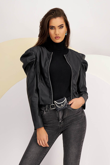 Jackets, Black Fitted Eco-Leather Jacket with Puffed Shoulders - SunShine - StarShinerS.com