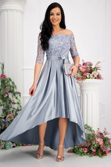 Grey - StarShinerS asymmetrical cloche dress from satin off-shoulder lace and sequins details
