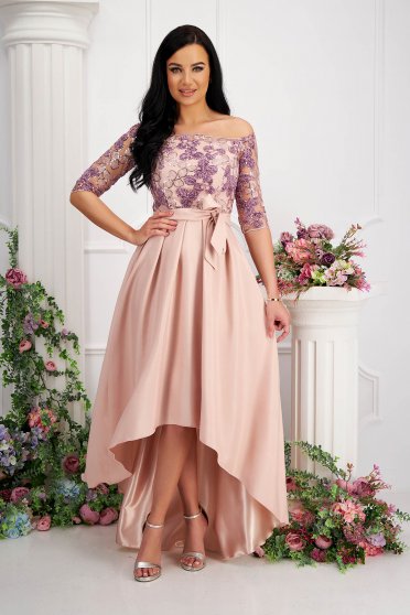 Luxurious dresses, Powder pink - StarShinerS asymmetrical cloche dress from satin off-shoulder lace and sequins details - StarShinerS.com