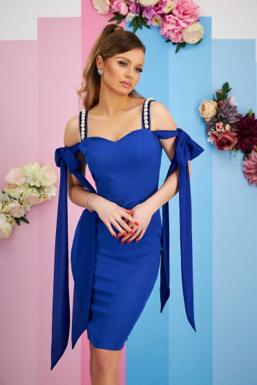 Plus Size Dresses, - StarShinerS blue dress elastic cloth midi pencil with pearls - StarShinerS.com