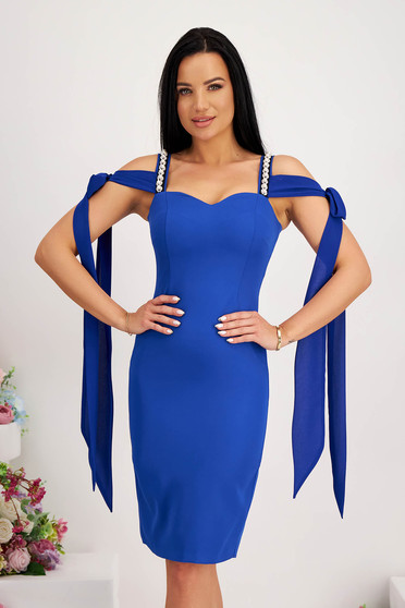 Blue Elastic Fabric Knee-Length Pencil Dress with Pearl Applications - StarShinerS