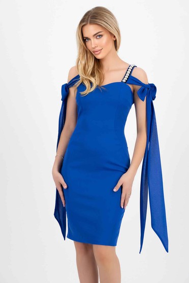 New Year`s Eve Dresses, Blue Elastic Fabric Knee-Length Pencil Dress with Pearl Applications - StarShinerS - StarShinerS.com