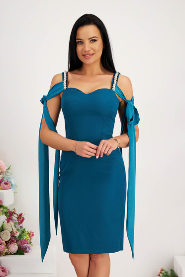 Petrol Green Elastic Fabric Knee-Length Pencil Dress with Pearl Applications - StarShinerS