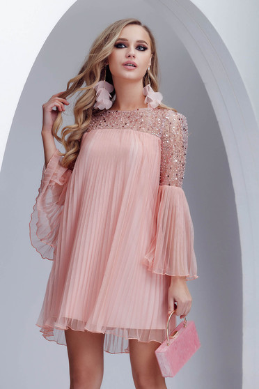 Powder pink dress from tulle short cut loose fit pleated