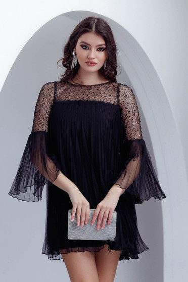 Online Dresses, Black dress from tulle short cut loose fit pleated - StarShinerS.com