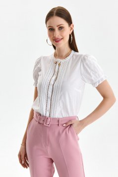 White women`s shirt cotton loose fit short sleeves with puffed sleeves