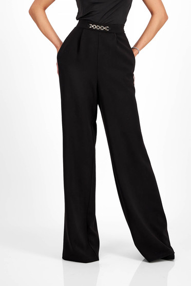 Pantaloni Dama  lungi, Pantaloni lungi din stofa elastica negri evazati cu buzunare laterale - StarShinerS - StarShinerS.ro