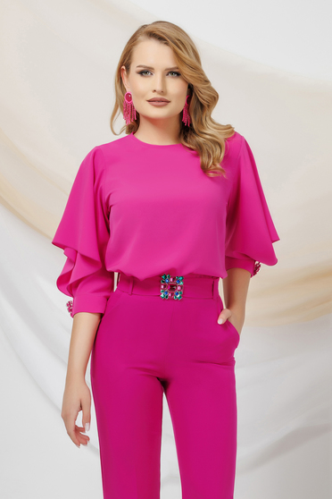 Blouses, Fuchsia women`s blouse from veil fabric loose fit with cut-out sleeves shoulder detail - StarShinerS.com