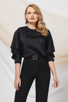 Black women`s blouse from veil fabric loose fit with cut-out sleeves shoulder detail