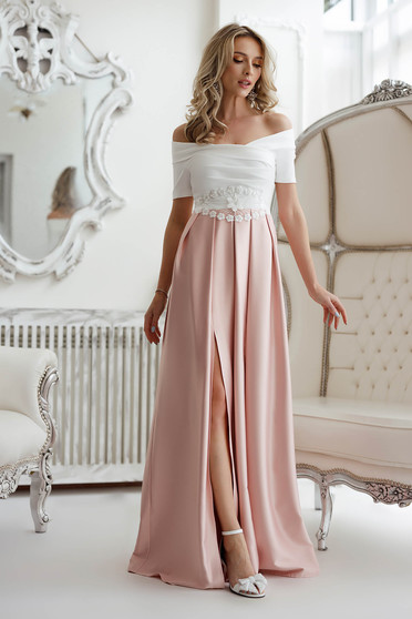 Long dresses, Lightpink dress long cloche taffeta waist pleats naked shoulders - StarShinerS.com