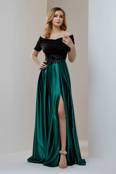 Plus Size Dresses, Green dress long cloche taffeta waist pleats naked shoulders - StarShinerS.com