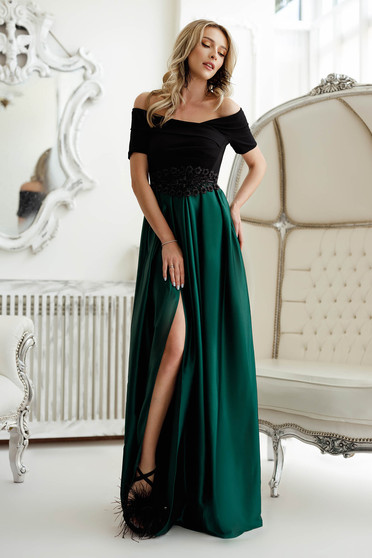 Long dresses, Green dress long cloche taffeta waist pleats naked shoulders - StarShinerS.com
