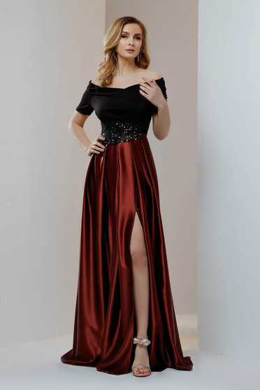 Burgundy dresses, Burgundy dress long cloche taffeta waist pleats naked shoulders - StarShinerS.com