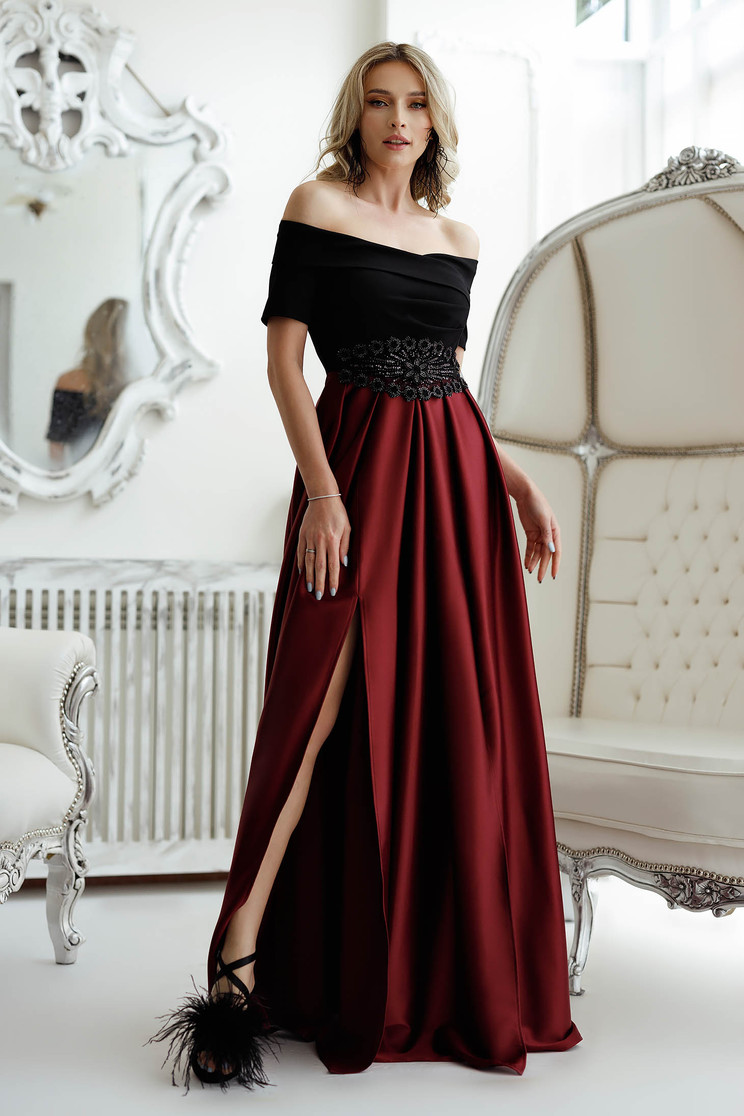 Evening dresses, Burgundy dress long cloche taffeta waist pleats naked shoulders - StarShinerS.com