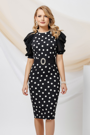 Black dresses, Dress elastic cloth pencil with puffed sleeves with pearls - StarShinerS.com