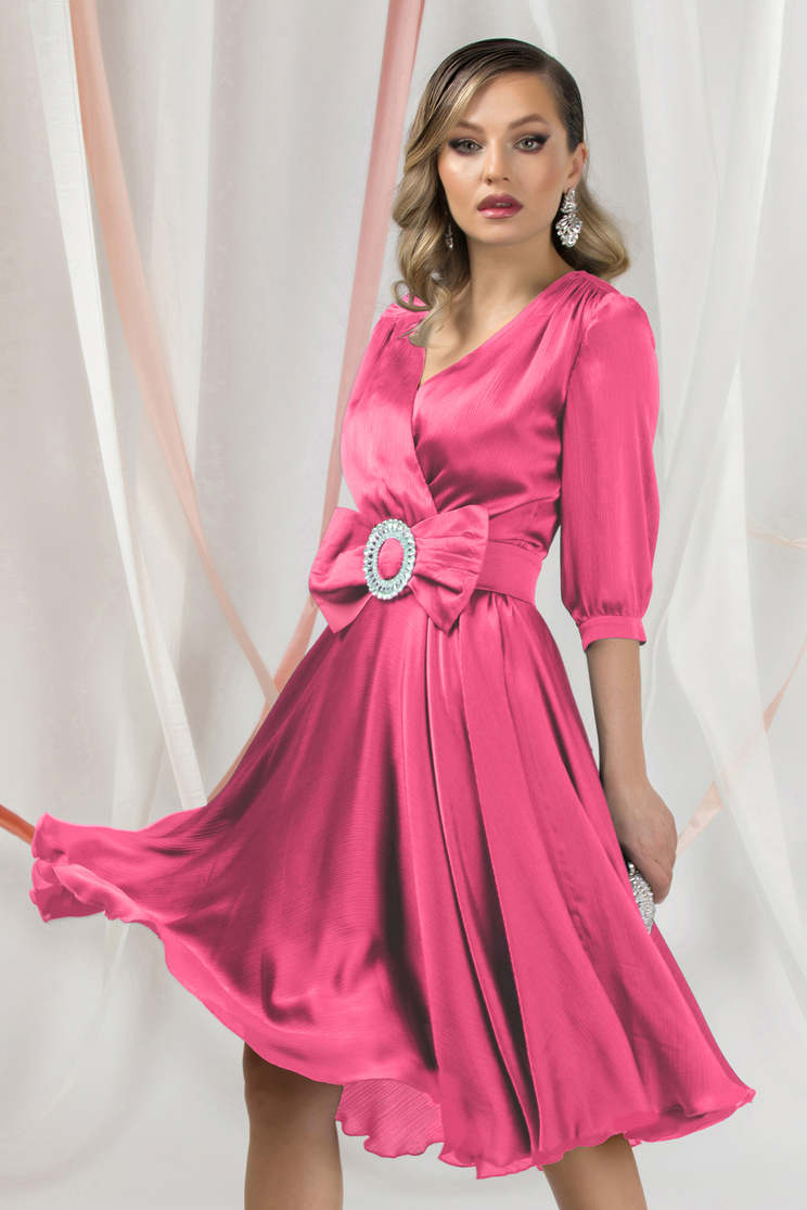 Satin dresses, Pink dress midi cloche from satin wrap over front - StarShinerS.com