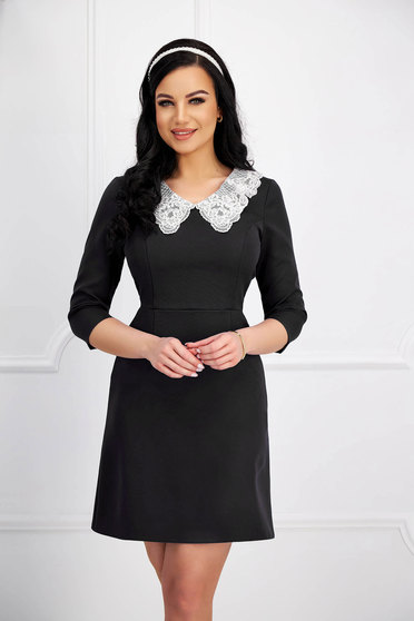 Office dresses - Page 3, Black short dress made of slightly elastic fabric with an A-line cut and decorative embroidered collar - StarShinerS - StarShinerS.com