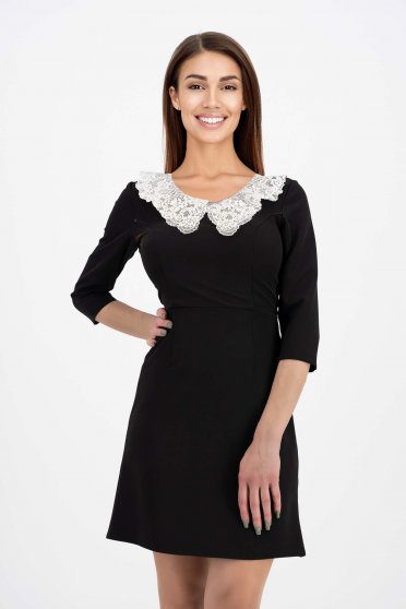 Black short dress made of slightly elastic fabric with an A-line cut and decorative embroidered collar - StarShinerS