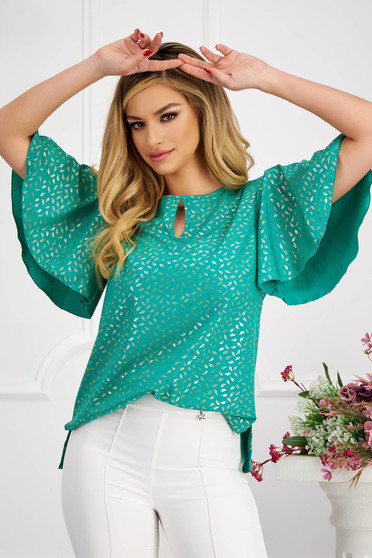 Bluze cu maneca scurta, Bluza dama din material subtire verde cu croi larg si maneci clopot - StarShinerS - StarShinerS.ro