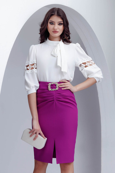 Office Blouses, White women`s blouse from veil fabric slightly elastic fabric loose fit with puffed sleeves - StarShinerS.com