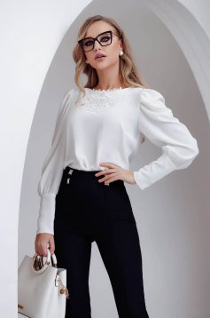 White women`s blouse from veil fabric slightly elastic fabric with puffed sleeves loose fit