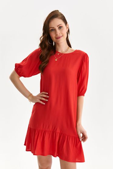 Online Dresses, Red dress short cut loose fit thin fabric with puffed sleeves - StarShinerS.com