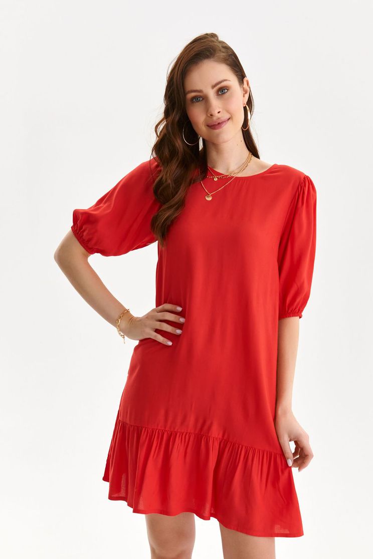 Loose dresses, Red dress short cut loose fit thin fabric with puffed sleeves - StarShinerS.com