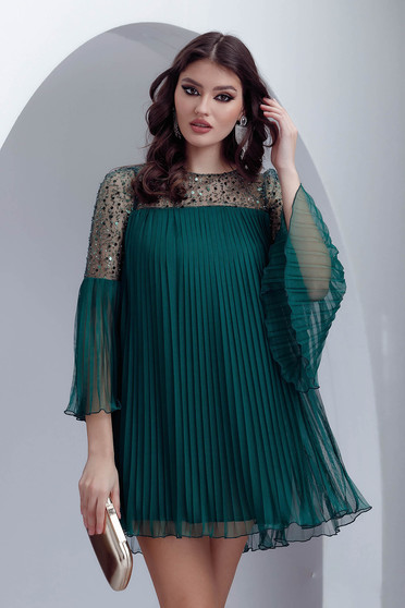 Online Dresses, Darkgreen dress from tulle short cut loose fit pleated - StarShinerS.com