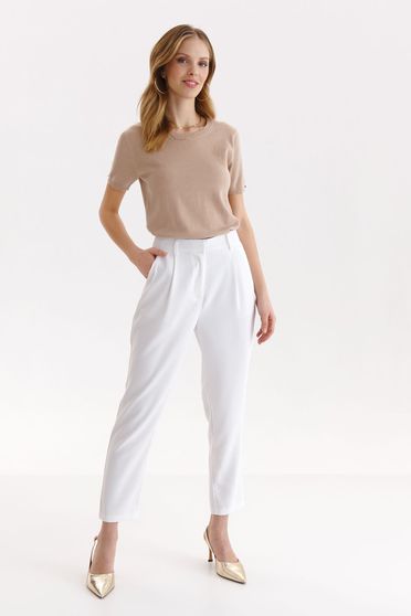 High waisted trousers, White trousers conical high waisted thin fabric lateral pockets - StarShinerS.com